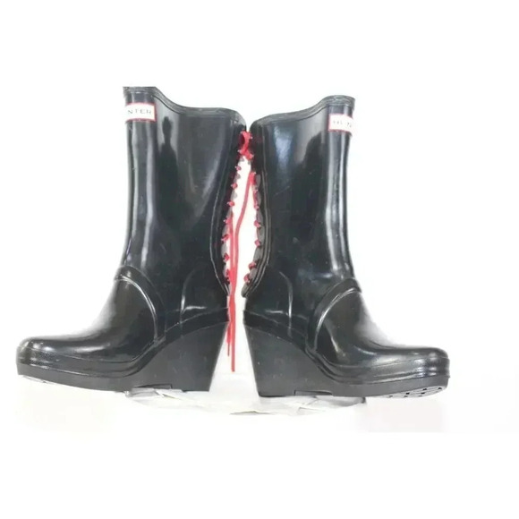 Hunter Black Verbier Wedge Boots Red Lace Up Rubber Rain Size 7 - Picture 6 of 9
